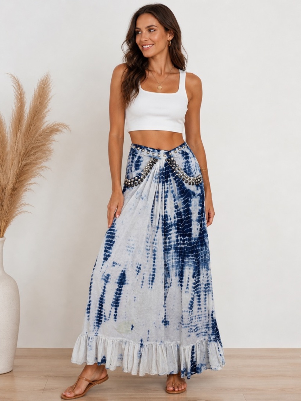 Guess Blue White Tie-Dye Maxi Skirt Boho Studded Waist Ruffle HemSize S Preloved